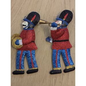 2 Bombay Co. glitter marching band Christmas ornaments Trumpet & cymbal player